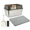 XL High-Sided Stainless Steel Litter Box with Lid, Mat and Scoop