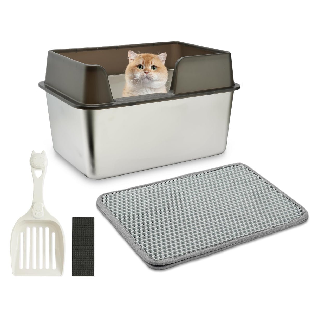 XL High-Sided Stainless Steel Litter Box with Lid, Mat and Scoop