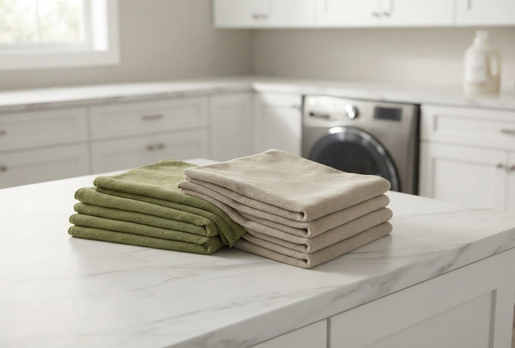 Microfiber Cleaning Cloths, 11.5 x 11.5 in, 10-Pack, Green and Tan