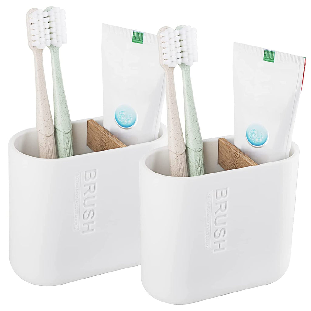 Toothbrush and Toothpaste Holder with Bamboo Dividers, 2 Pack, White