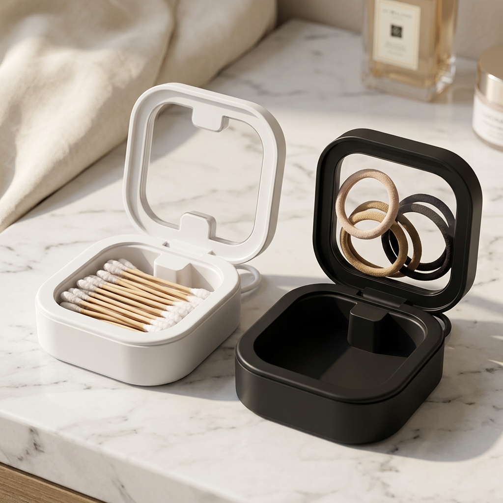 Pocket Q-Tip and Hair Tie Holder with Lid, 2 Pack, Black and White