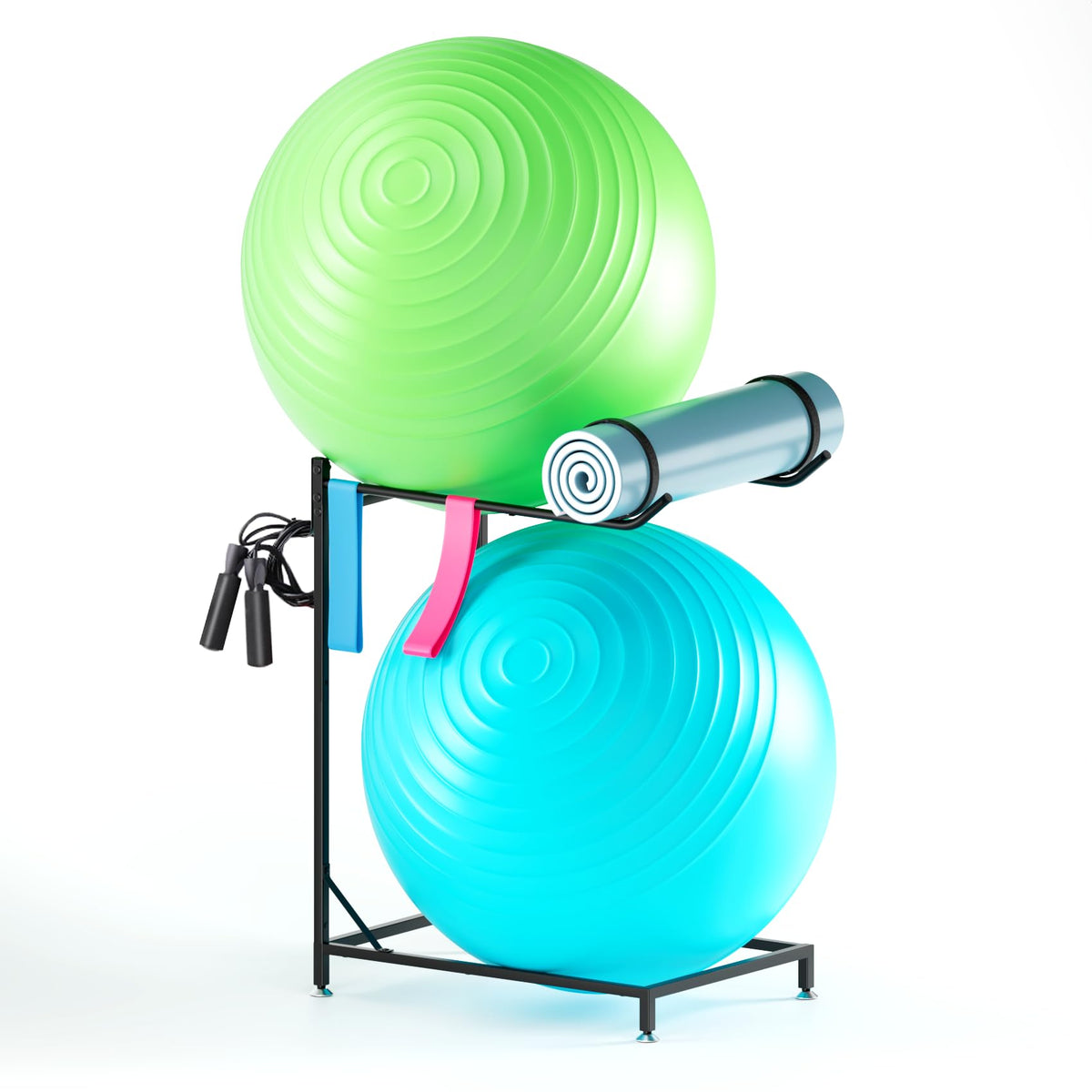Two-Tier Exercise Ball Rack with Hooks, Carbon Steel Floor Stand