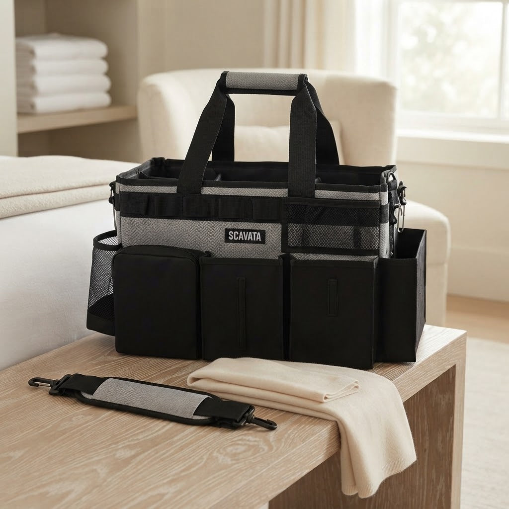 Wearable Cleaning Caddy Bag with Dividers and Trash Bag Dispenser, Grey