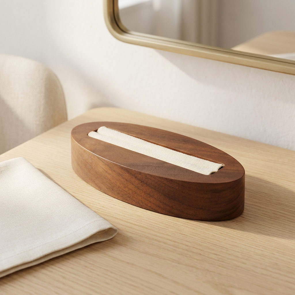 Black Walnut Ring Display Stand with PU Leather Liner, Oval