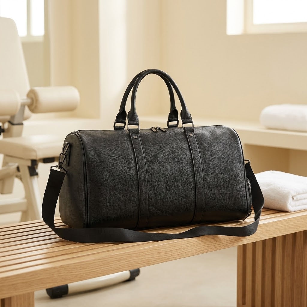 Leather Travel Shoulder Bag, 45 x 25 x 20 cm, Black or Brown
