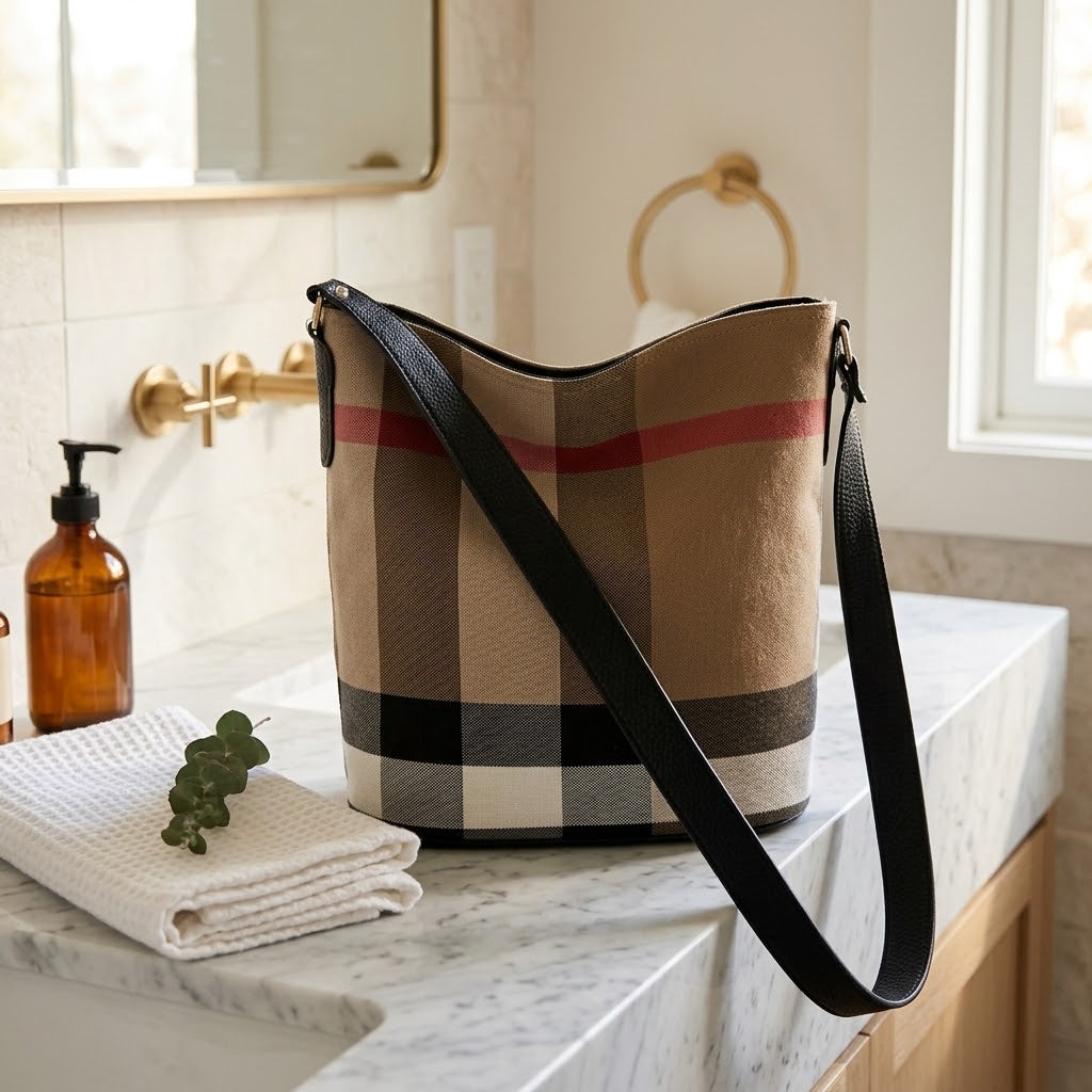 Plaid Canvas Bucket Tote with Leather Strap, Black