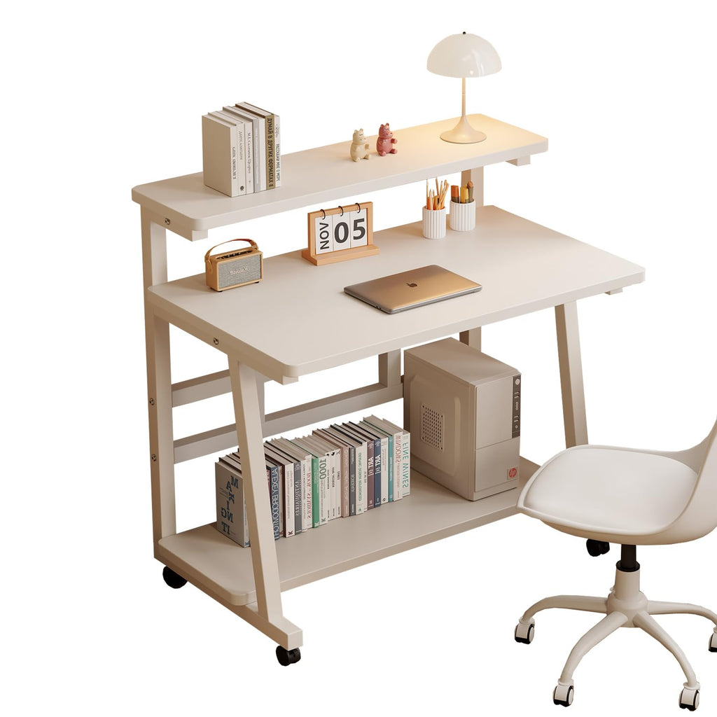 Small Rolling Computer Desk with Monitor Stand, 31.5 in, White