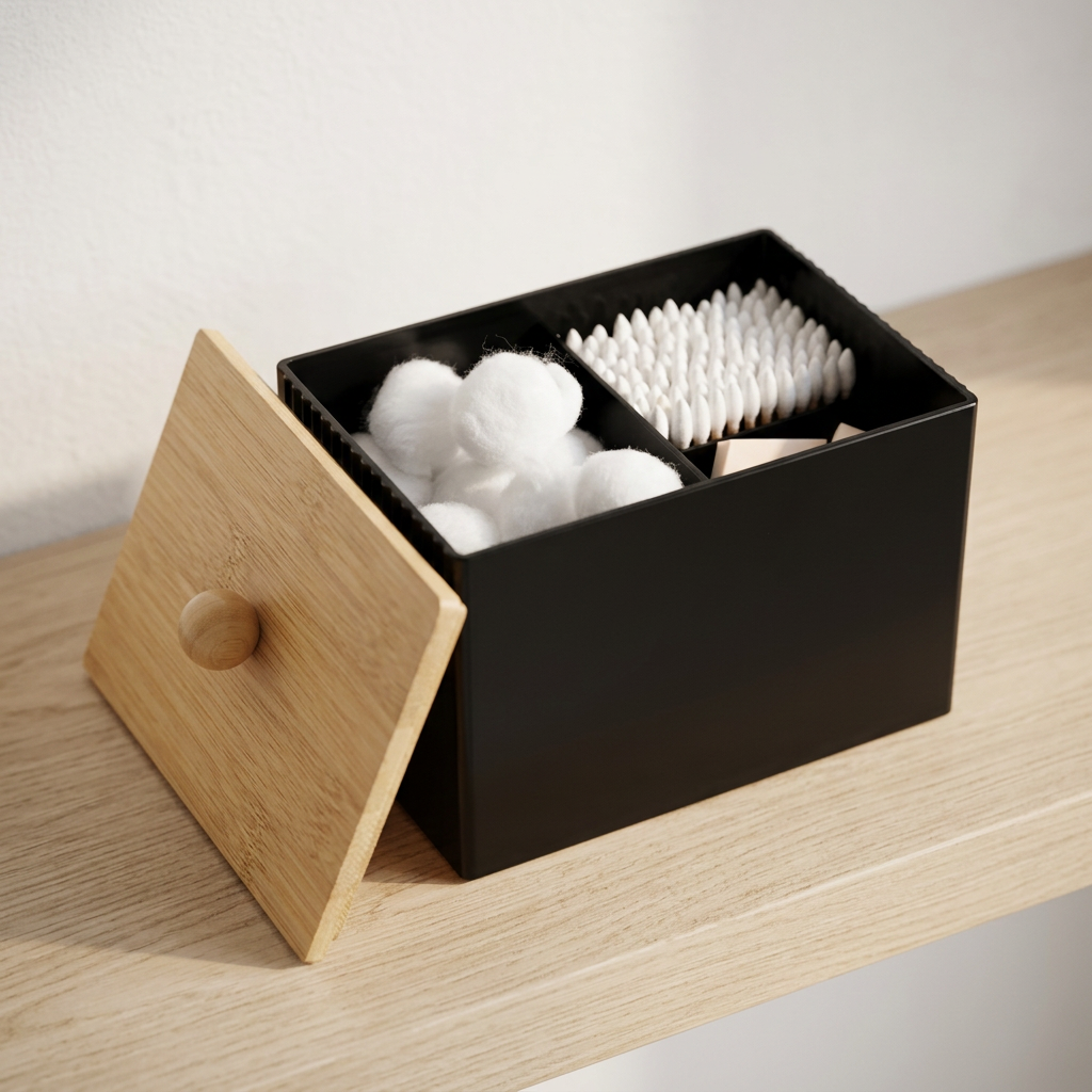 3-Compartment Q-Tip and Cotton Ball Holder with Bamboo Lids, Black