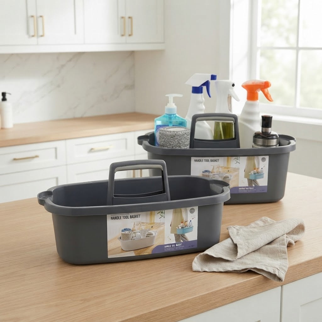 Portable Plastic Cleaning Caddy with Handle, 2-Pack, Grey
