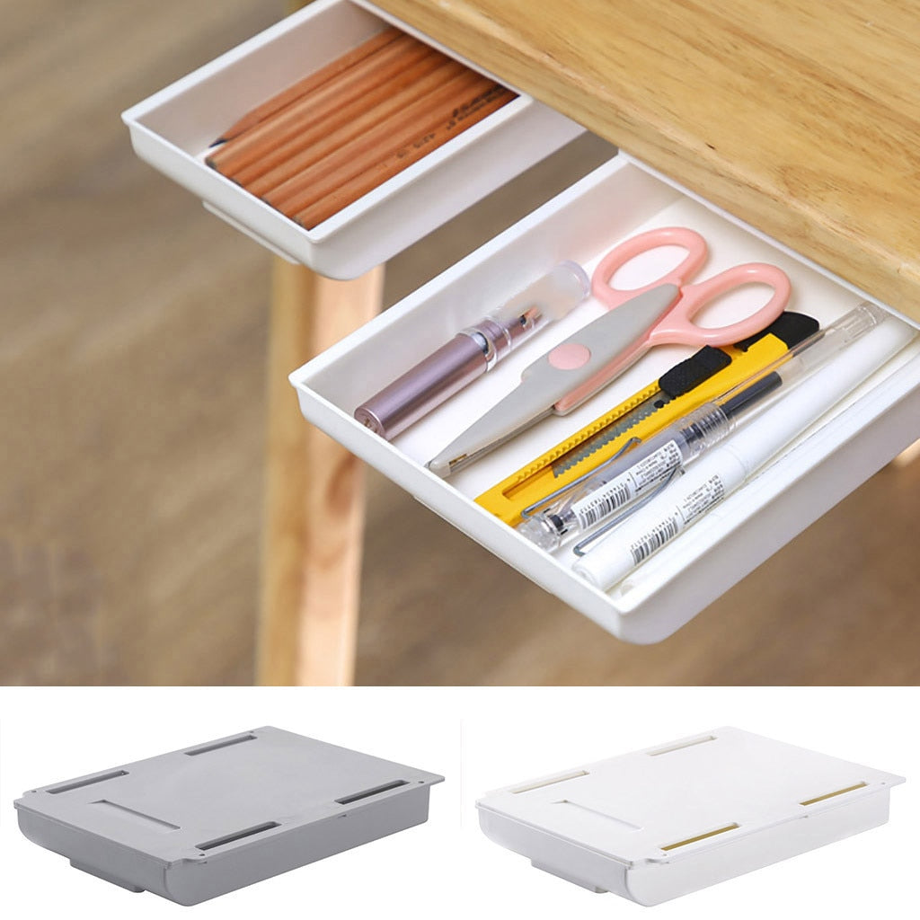 Adhesive Under-Desk Pull-Out Drawer, ABS, White or Grey