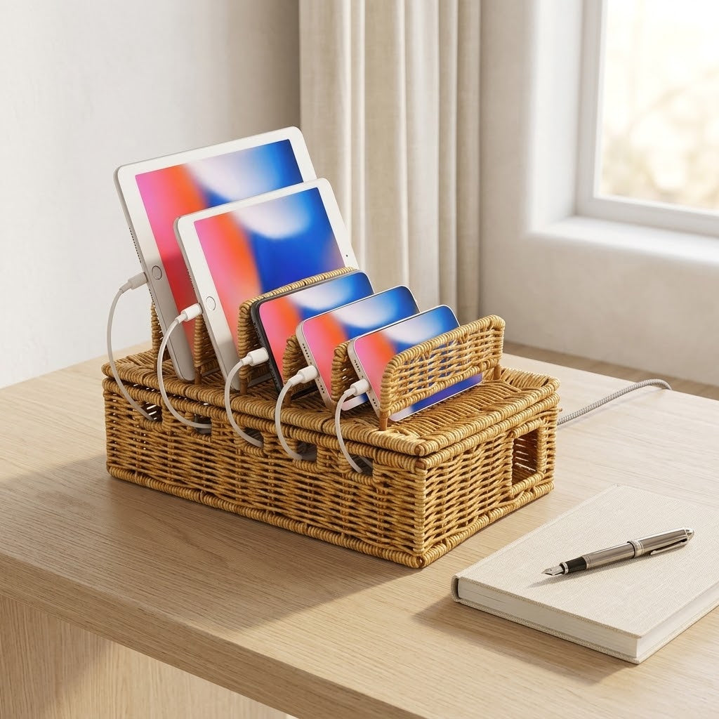 Rattan-Look Charging Station Box with 6 Removable Dividers, 12.5 in