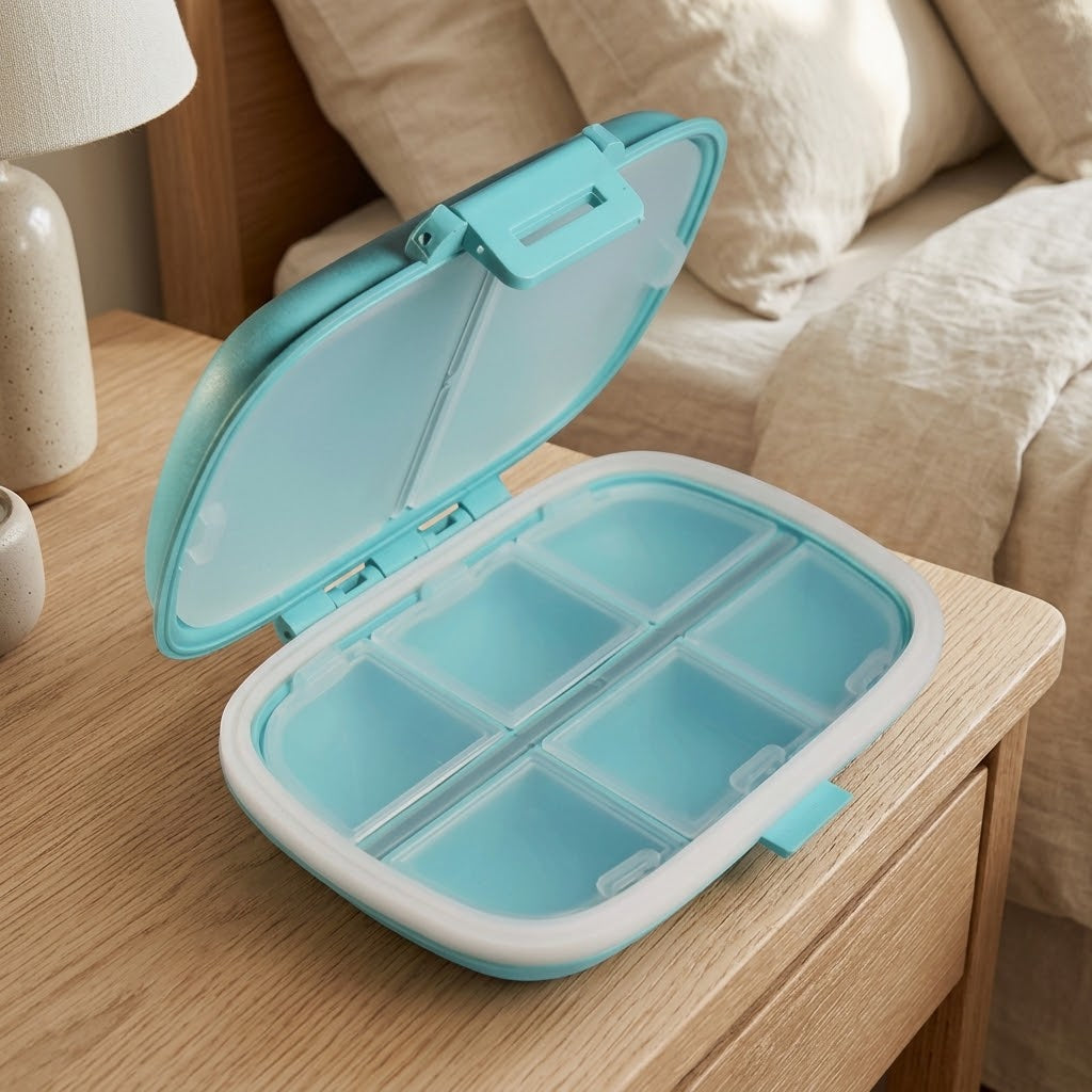 8-Compartment Pill Organizer with Silicone Seal Rings, Blue
