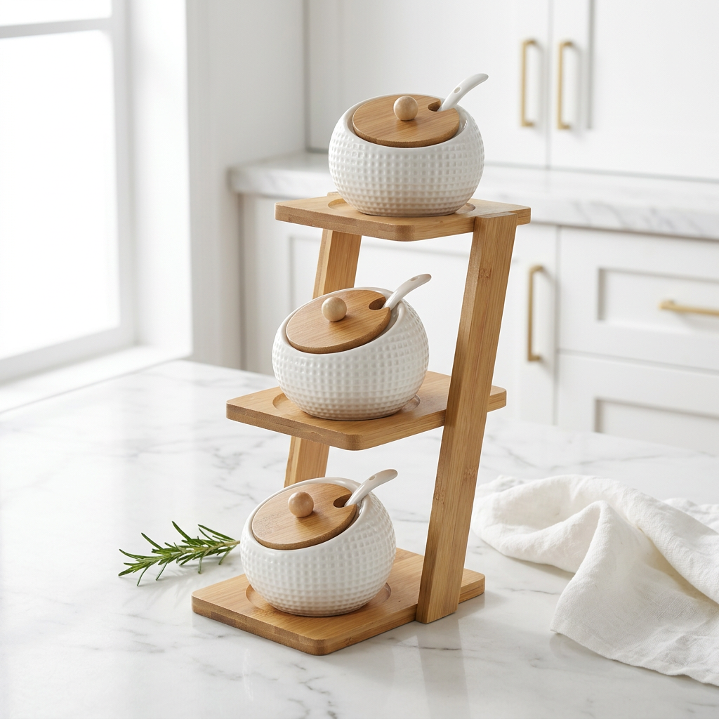 White Ceramic Seasoning Jar Set with Bamboo Base