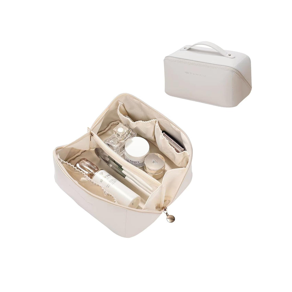 PU Leather Travel Makeup Bag with Clear Brush Insert, White