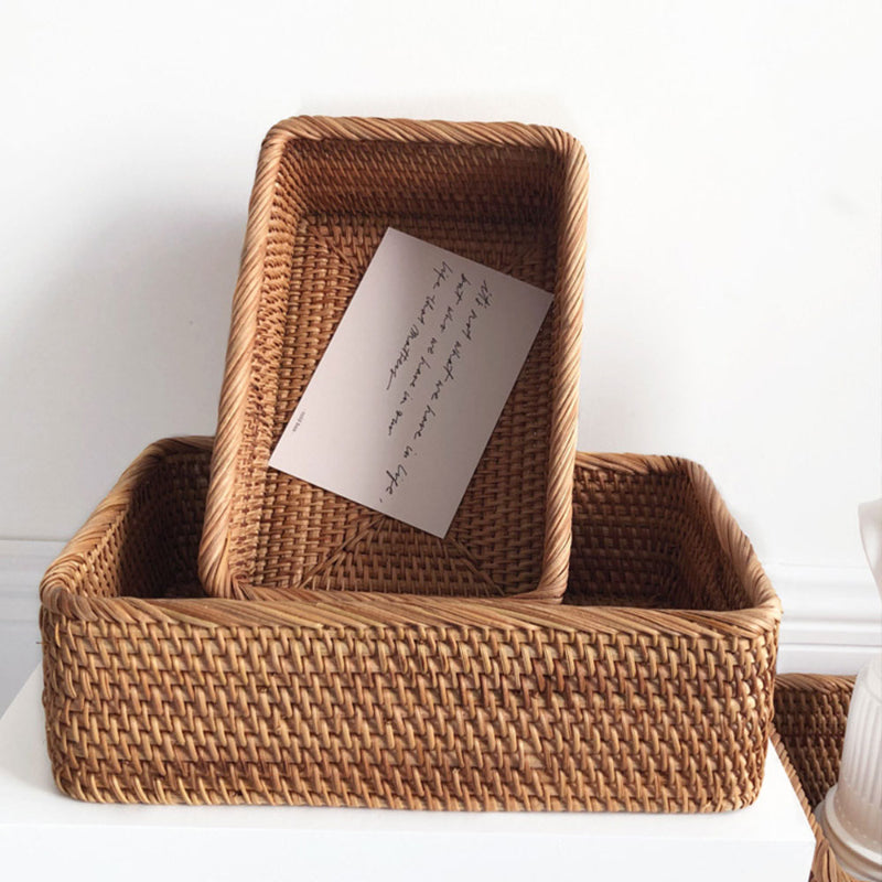 Hand-Woven Rectangular Rattan Basket Tray, 30 x 20 cm