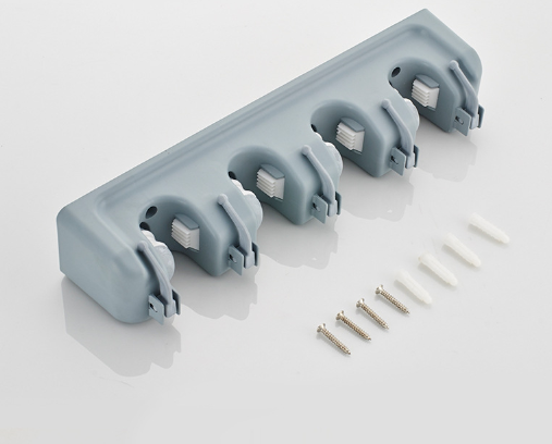 Wall-Mounted Mop and Broom Holder with Hooks, Grey