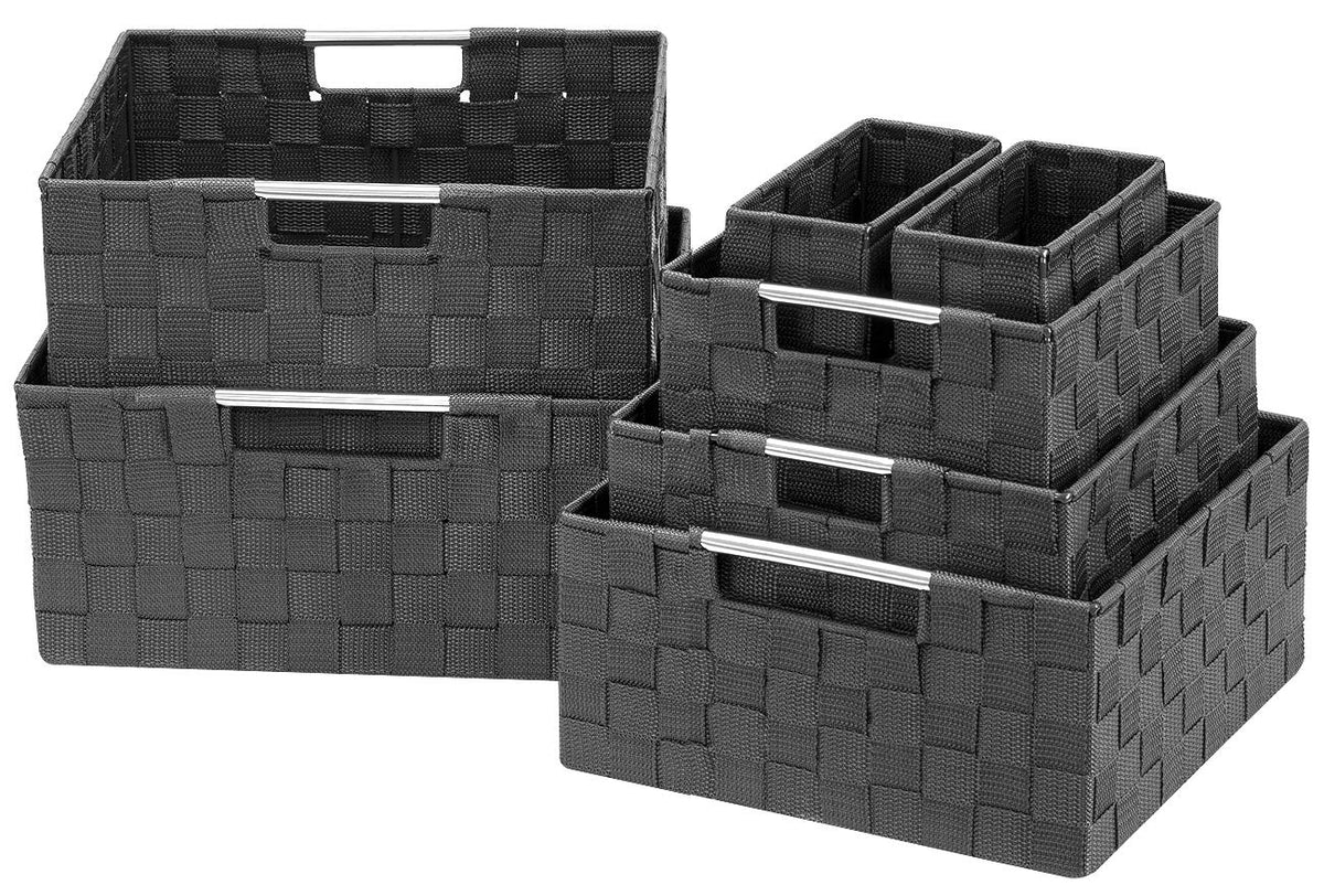 Hand-Woven Mesh Storage Baskets with Handles, Set of 7, Grey