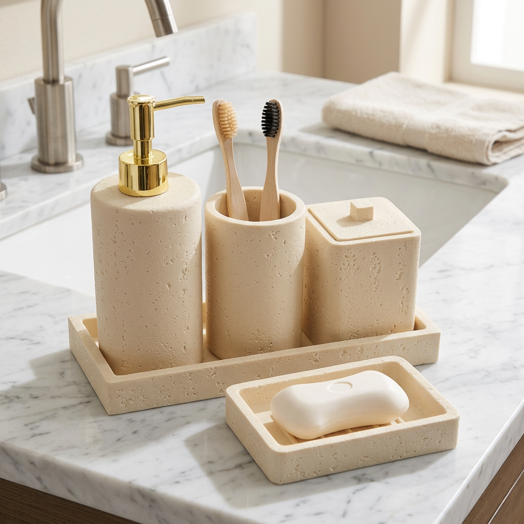 Beige Polyresin Bathroom Accessories Set, 5 Pieces
