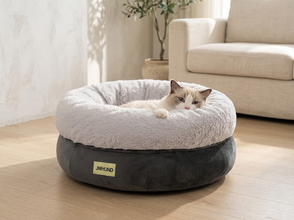 Round Donut Cat Bed with Non-Skid Bottom, Machine Washable, Deep Grey