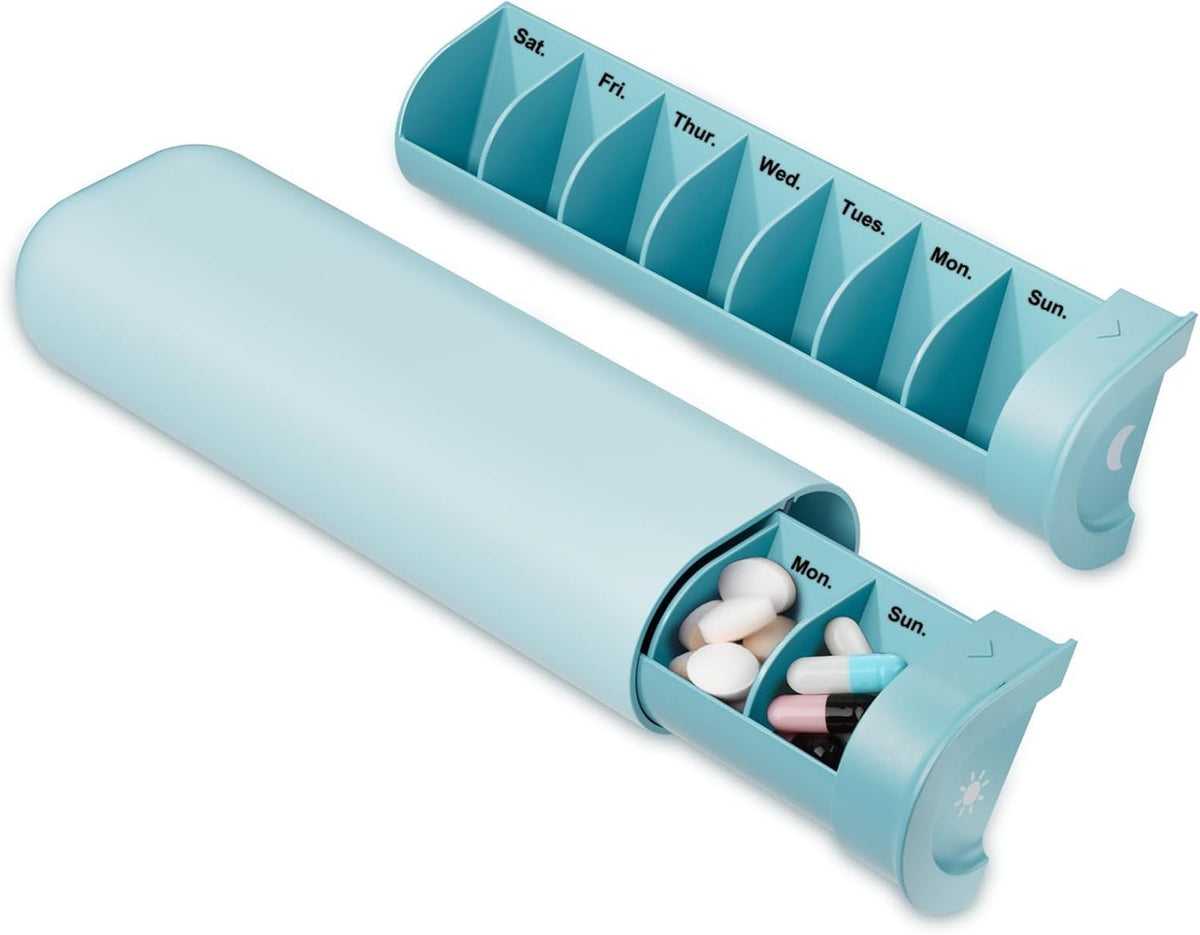 Compact AM/PM Weekly Pill Case with 14 Compartments, Blue