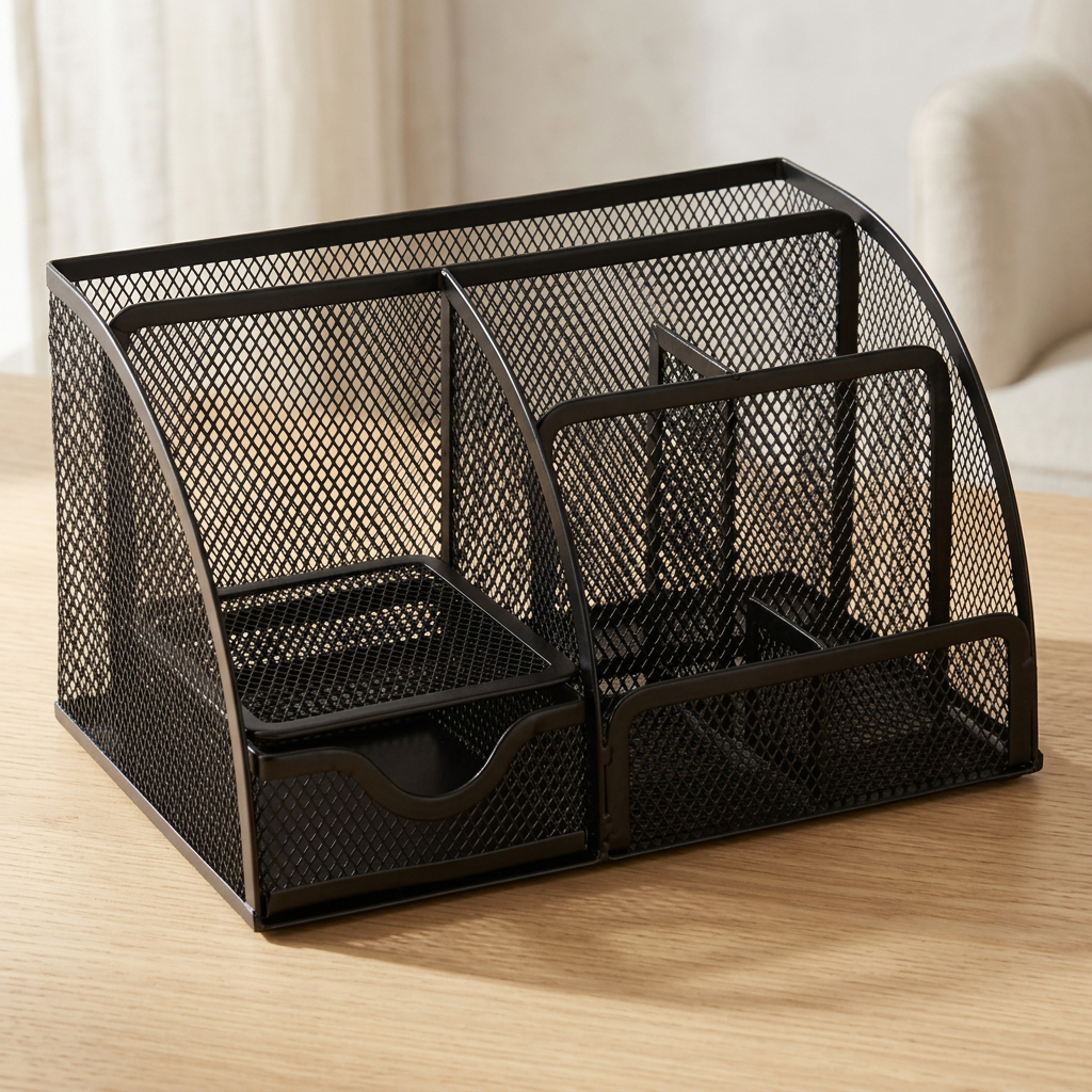Metal Mesh Desktop Organizer with Seven Compartments for Pens and Files
