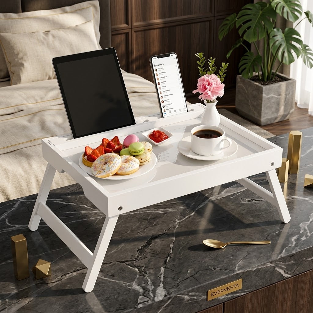 Bamboo Bed Tray with Folding Legs and Media Slot