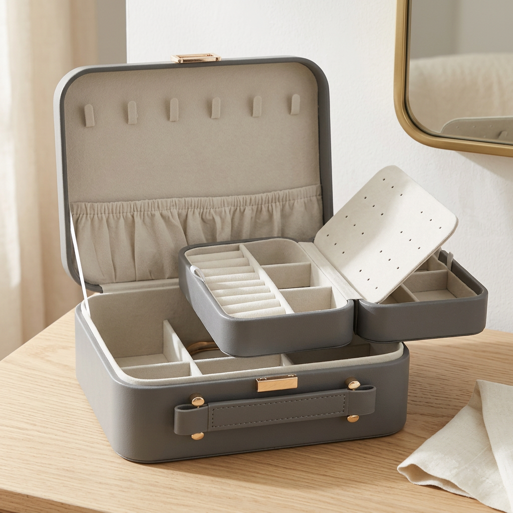 Large 2-Layer Travel Jewelry Case with Handle and Removable Tray, Grey