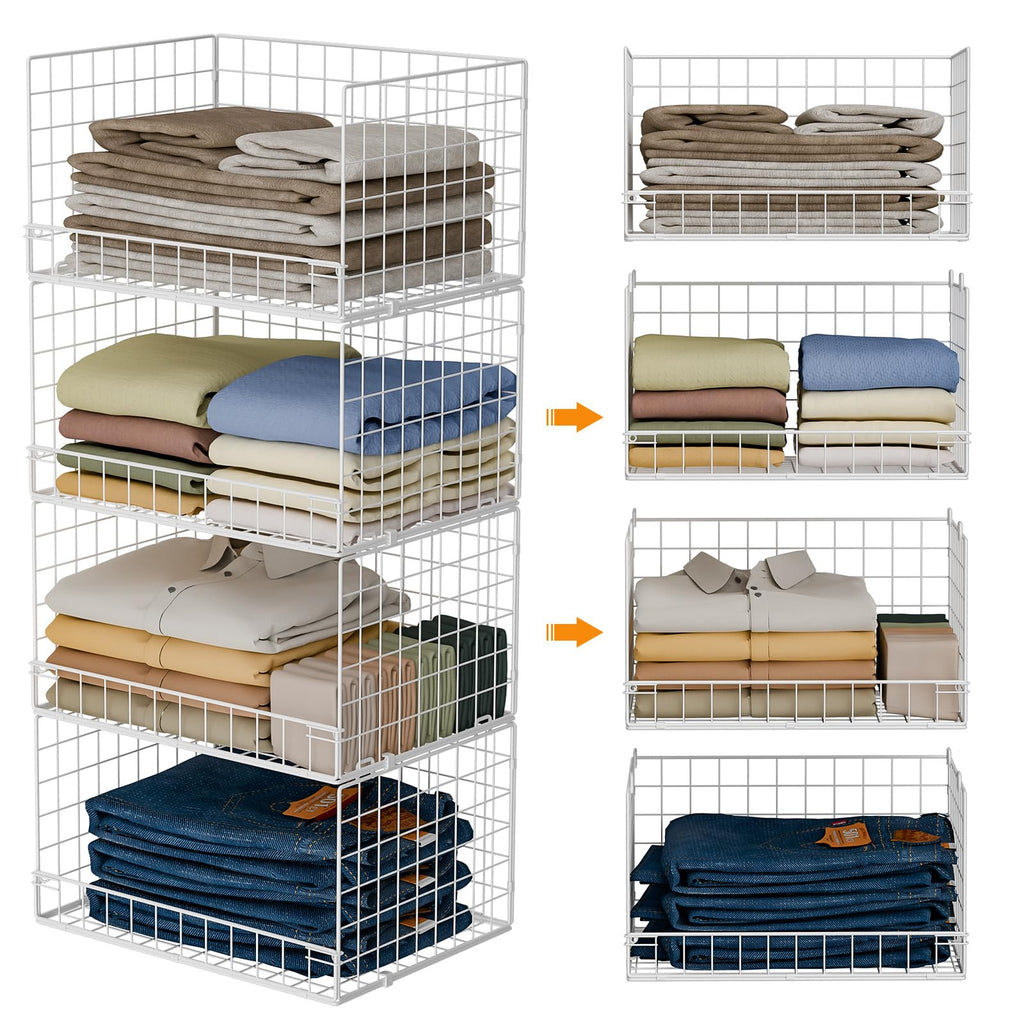 4-Tier Stackable Closet Organizer with Pull-Out Baskets, White
