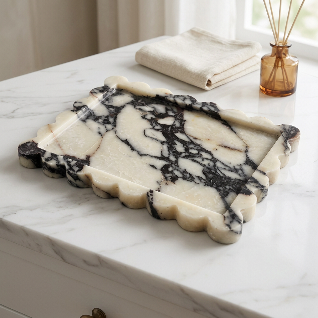 Scalloped Calacatta Viola Marble Tray, 10.8 x 8 in