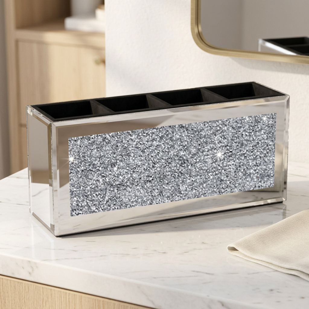 Mirrored 4-Compartment Makeup Brush Holder with Crushed Crystal Inlay