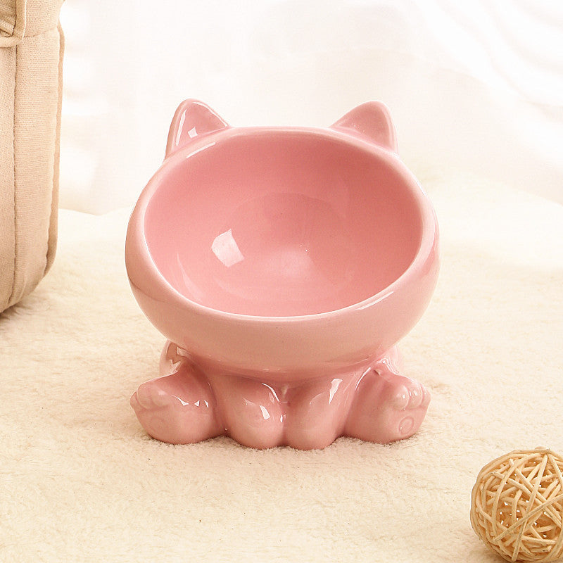 Elevated Tilted Ceramic Cat Bowl with Neck Guard