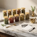 Square Glass Spice Jars with Bamboo Lids and Labels, 7 oz, Set of 10