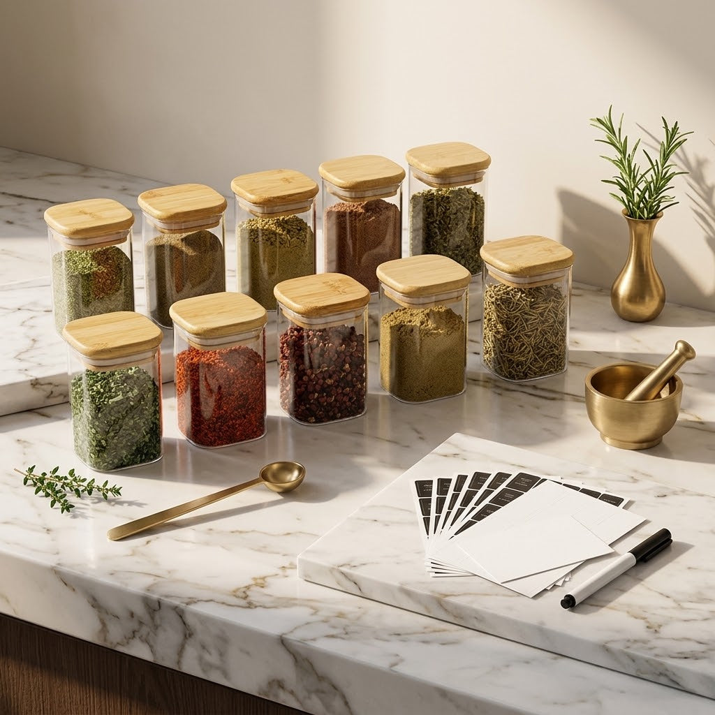 Square Glass Spice Jars with Bamboo Lids and Labels, 7 oz, Set of 10