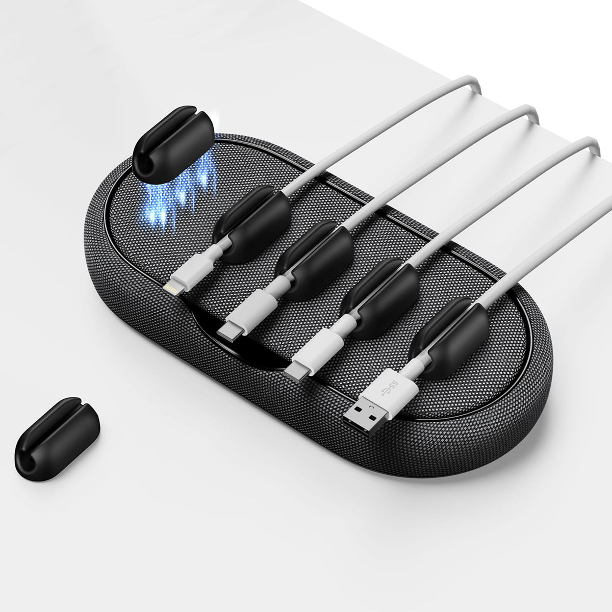 Magnetic Desk Cord Keeper with 6 Clips, Dark Gray