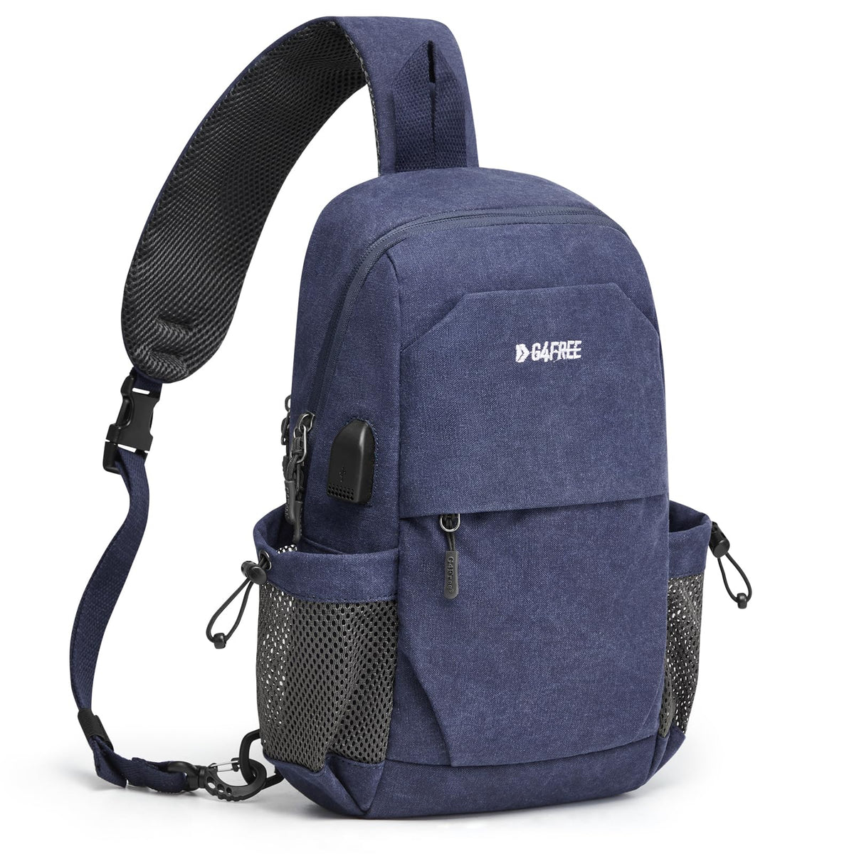 Canvas Sling Bag with USB Port and Anti-Theft Pocket, Dark Blue