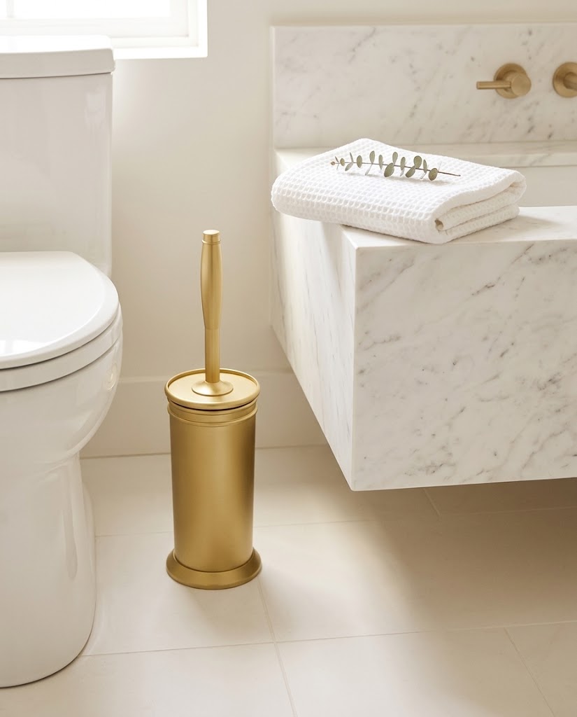 Metal Toilet Brush and Covered Holder Set, Gold