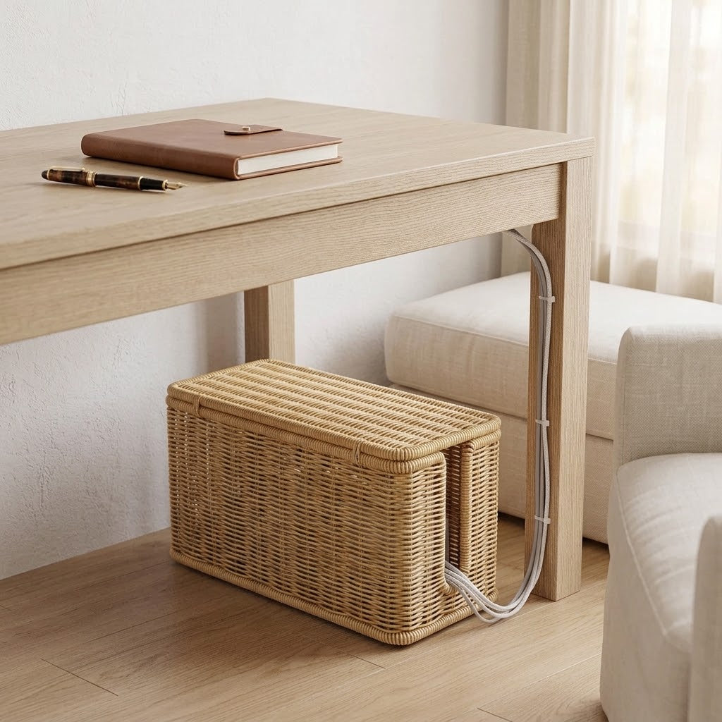 Handwoven Rattan-Look Cable Management Box with 180° Lid