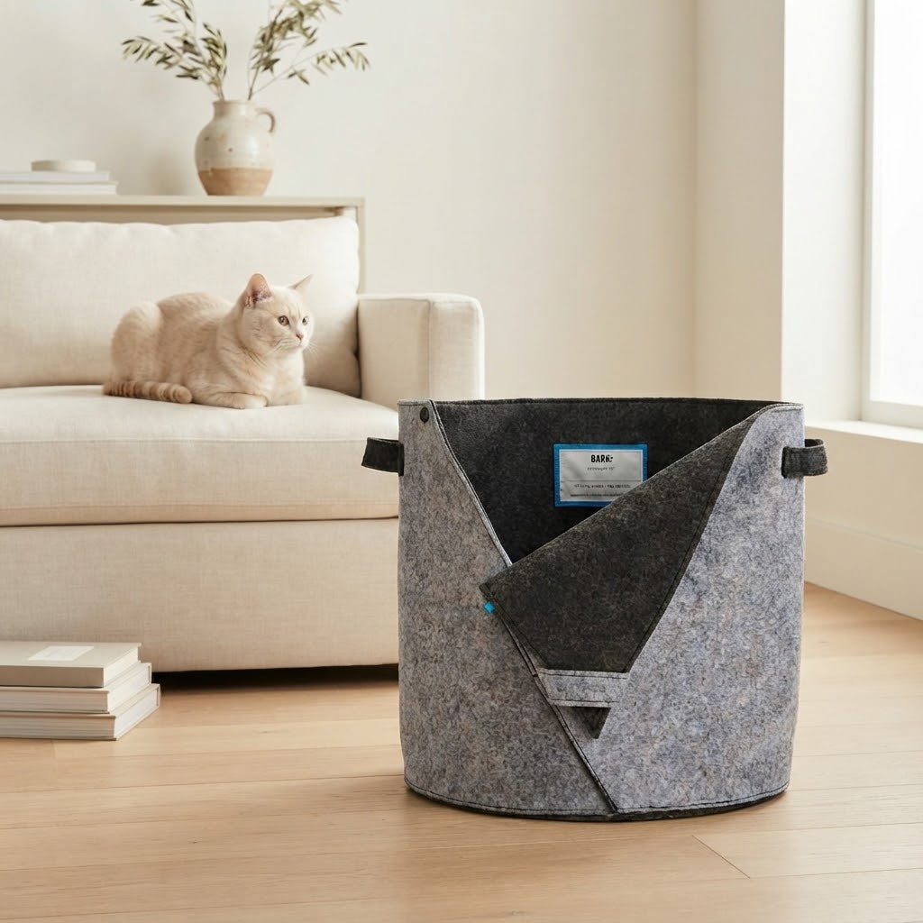 Felt Dog Toy Storage Bin with Fold-Down Side, 13 x 13 x 12 in