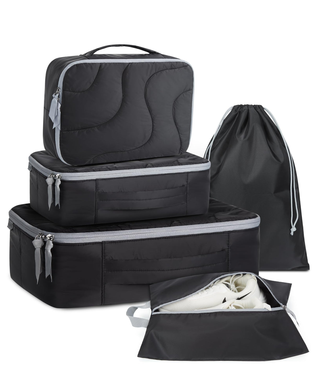 Quilted Puffy Packing Cubes, 5-Piece Set, Black