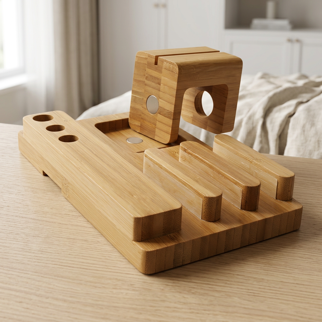 Bamboo Phone, Tablet and Watch Stand with Cable Cutout