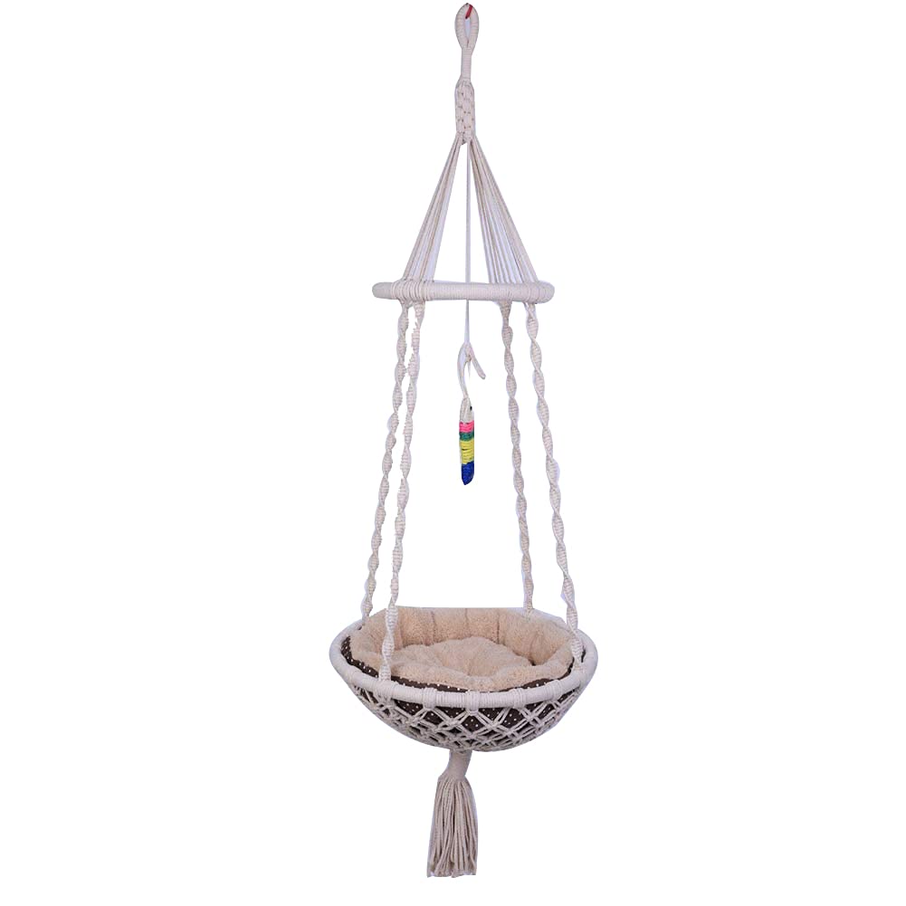 Macrame Hanging Cat Hammock Swing Nest with Pillow, 17.7 in