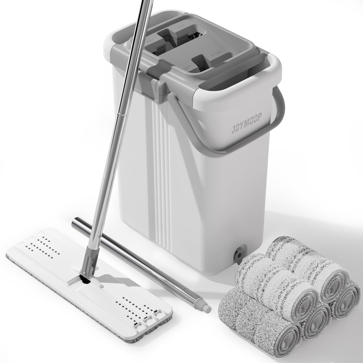 Extra-Large Flat Mop and Wringer Bucket Set with 5 Pads, White