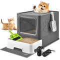 Large Foldable Covered Cat Litter Box with Mat and Scoop, Dark Grey