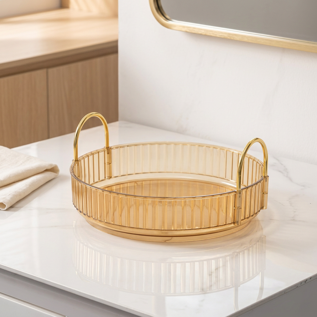3-Tier 360° Rotating Makeup Organizer, Amber Yellow with Gold Sides