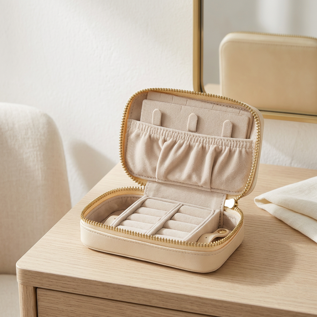 Small Travel Jewelry Case with 14 Necklace Hooks and 12 Ring Slots, Cream