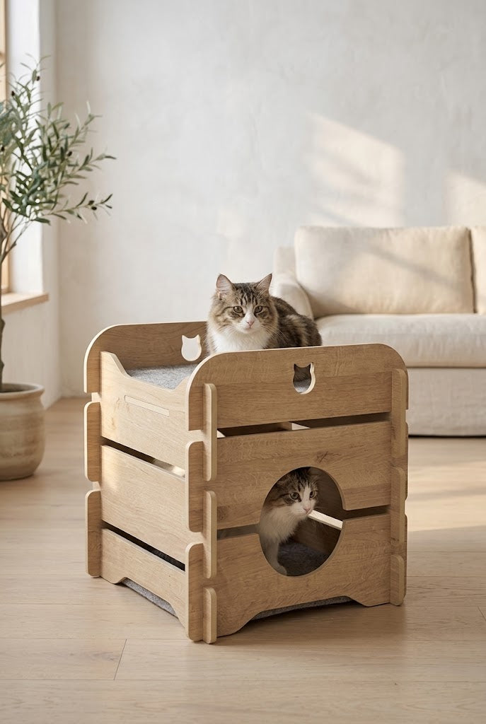 2-Level Cat Cottage Hideout with Lookout and Cushions, Oak