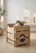 2-Level Cat Cottage Hideout with Lookout and Cushions, Oak