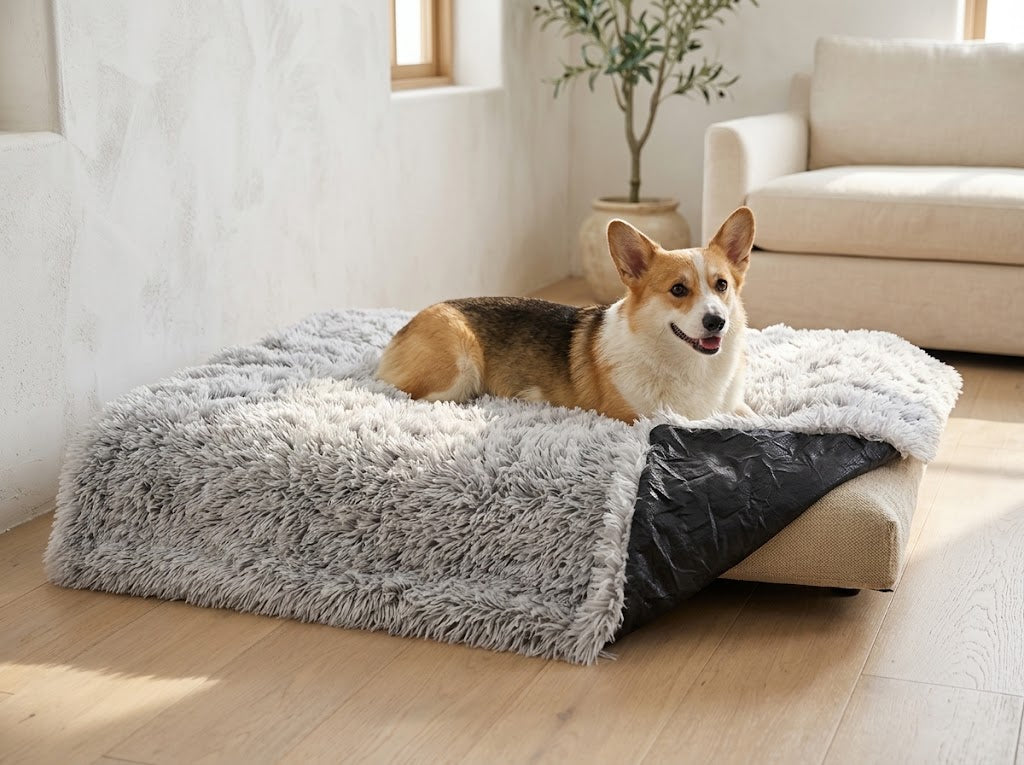 Fluffy Plush Dog Bed Cover with Waterproof Layer, 35 x 23 x 3.5 in