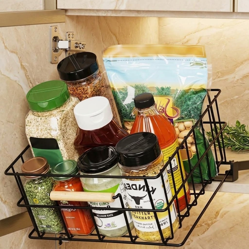 Pull-Down Upper Cabinet Organizer with Sliding Metal Basket
