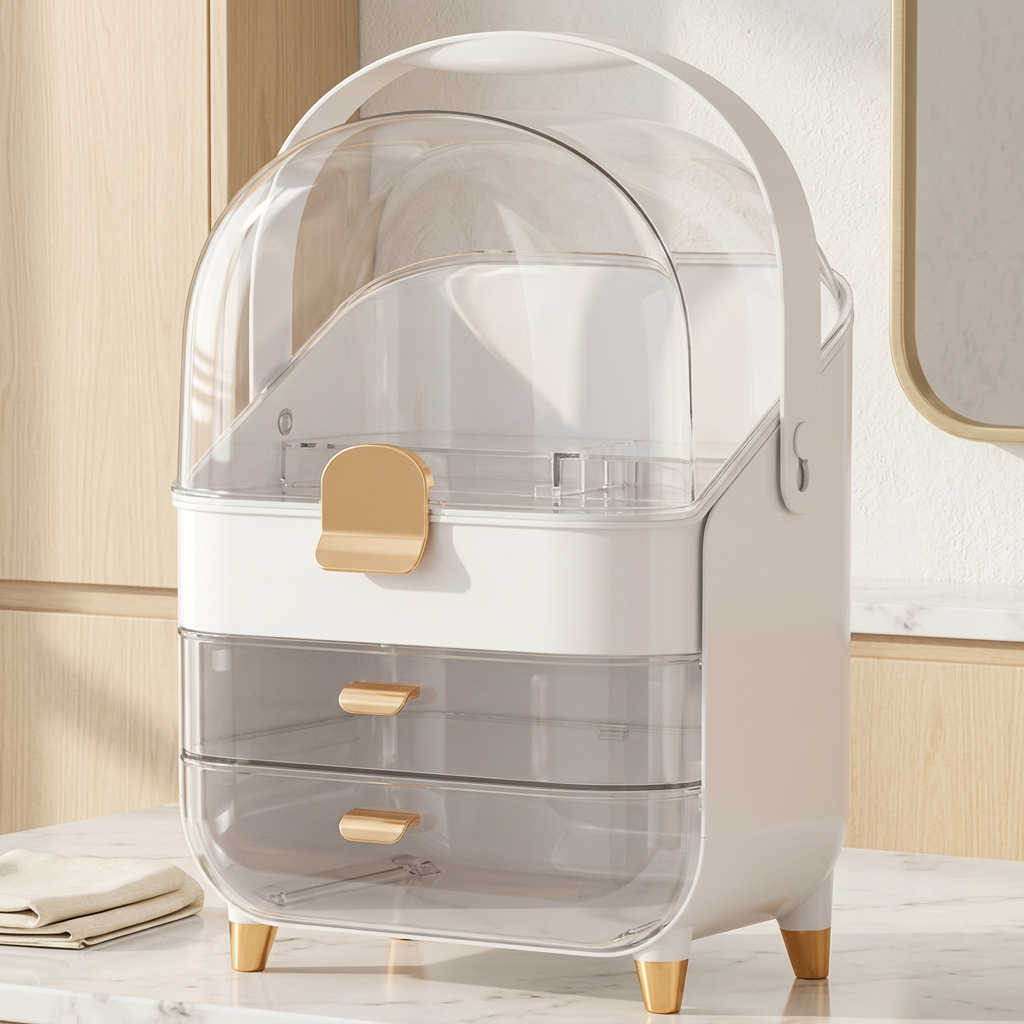 3-Tier Dustproof Makeup and Skincare Organizer with Lid, Rose Gold
